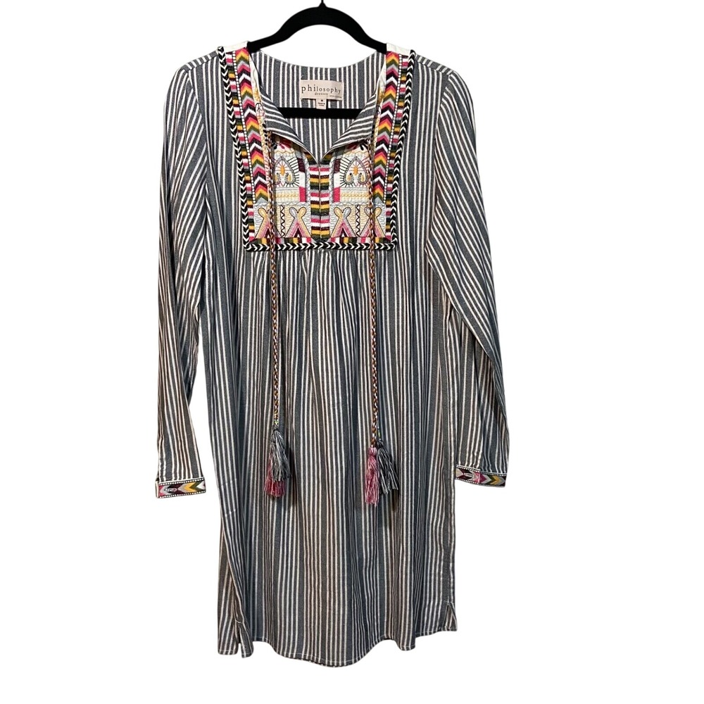 Philosophy Republic Womens Tunic Dress MEDIUM Embroidered Tassel Stripe Bohemian